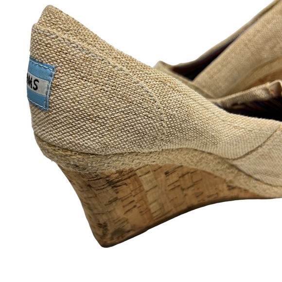 TOMS Wedges Peep Toe Cork Canvas Burlap Espadrilles High Heels Shoes Beige sz 6 - Picture 13 of 16